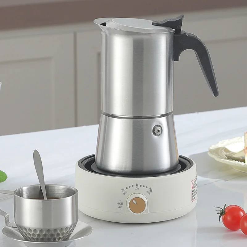 وعاء موكا فاخر من الفولاذ المقاوم للصدأ 304 - ماكينة صنع اسبريسو صمام مزدوج للموقد والتخييم والمكتب - ماكينة صنع القهوة الإيطالية 200/300 مل