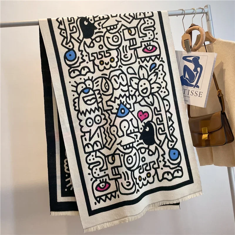 New Internet celebrity cartoon imitation cashmere scarf female, bohemian student scarf