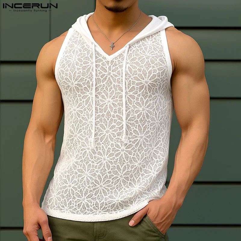 

INCERUN 2025 мужские майки, кружевные прозрачные мужские жилеты без рукавов с капюшоном, уличная одежда, летняя сексуальная модная мужская одежда, S-5XL