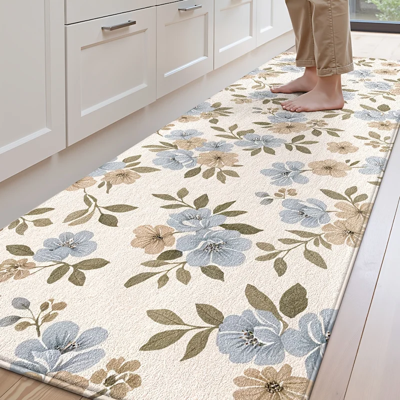 VIKAMA Retro Light Blue Printed Carpet Entrance Soft Floor Mat Kitchen Absorbent Anti Slip Floor Mat Home Decoration