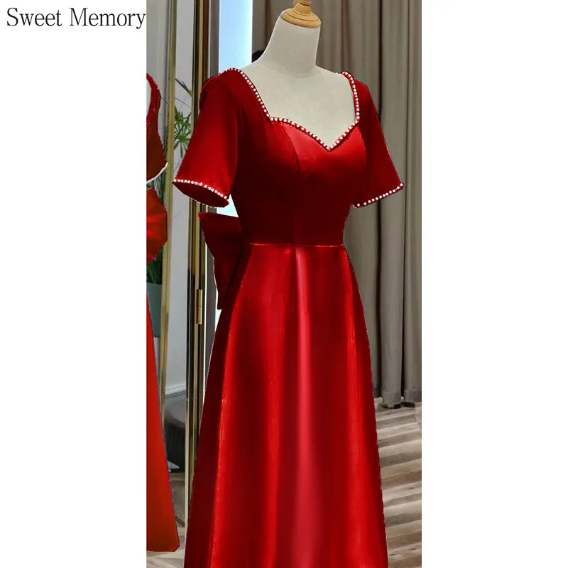 N148 Thee-Lengte Rood Wit Prom Avondjurken Korte Mouwen Wedding Party Gown Backless Jurk Met Parels Boog