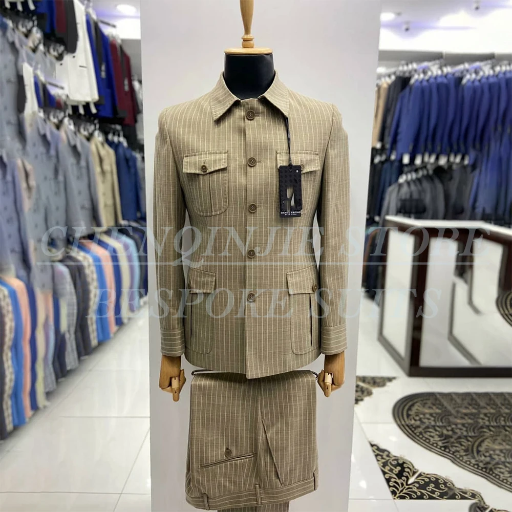 

Luxury Pinstripe Men's Suits Elegant Single Breasted Stand Lapel Vintage Blazer Formal Regular Fit 2 Piece Jacket Pants Sets