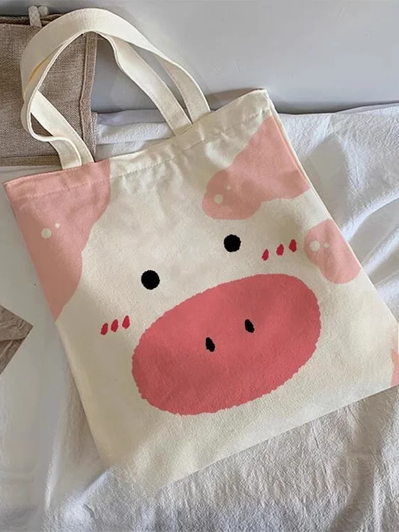 

Холщовая большая сумка с милым мультяшным изображением свиньи, женская большая ручная сумка Capaci, студенческая сумка на молнии, сумка на одно плечо