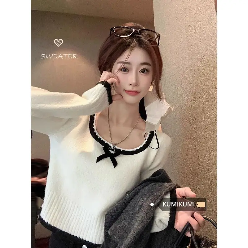 Women Autumn Korean Slim Fashion Bow Square Collar Long Sleeve Knitwear Ladies Office Lady All-match Knitting Bottoming Shirt