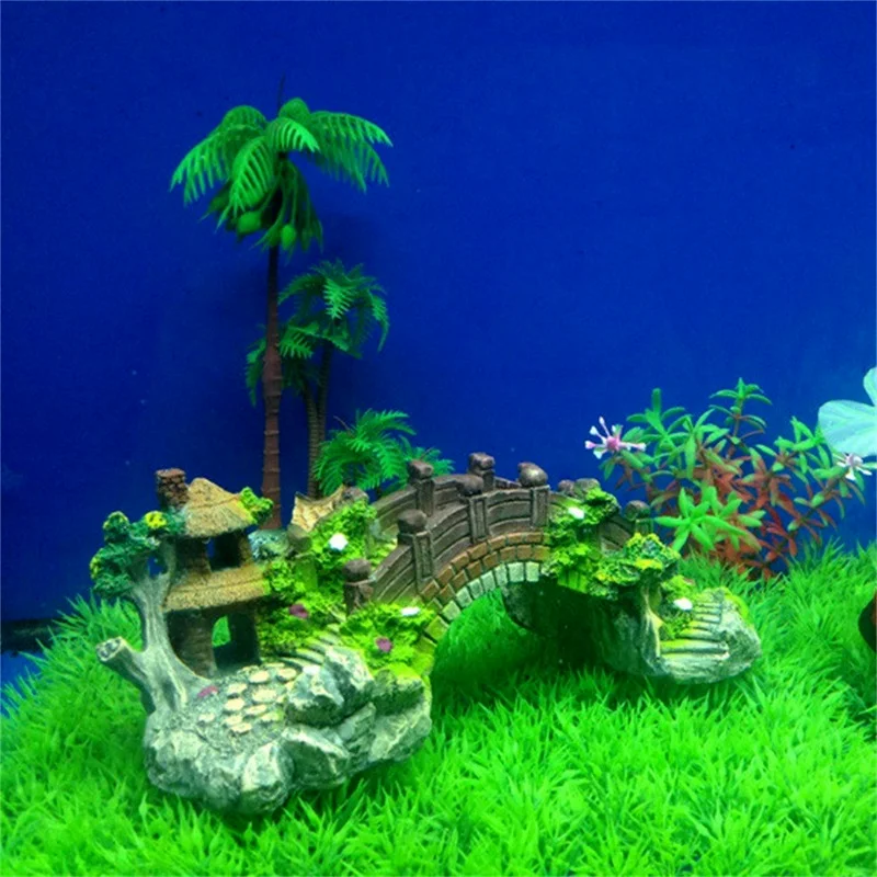 Aquarium Fish Tank Vintage Decorative Bridge Landscape Ornaments Pavilion Tree Plants Resin Design Pet Supplies Home Decorations