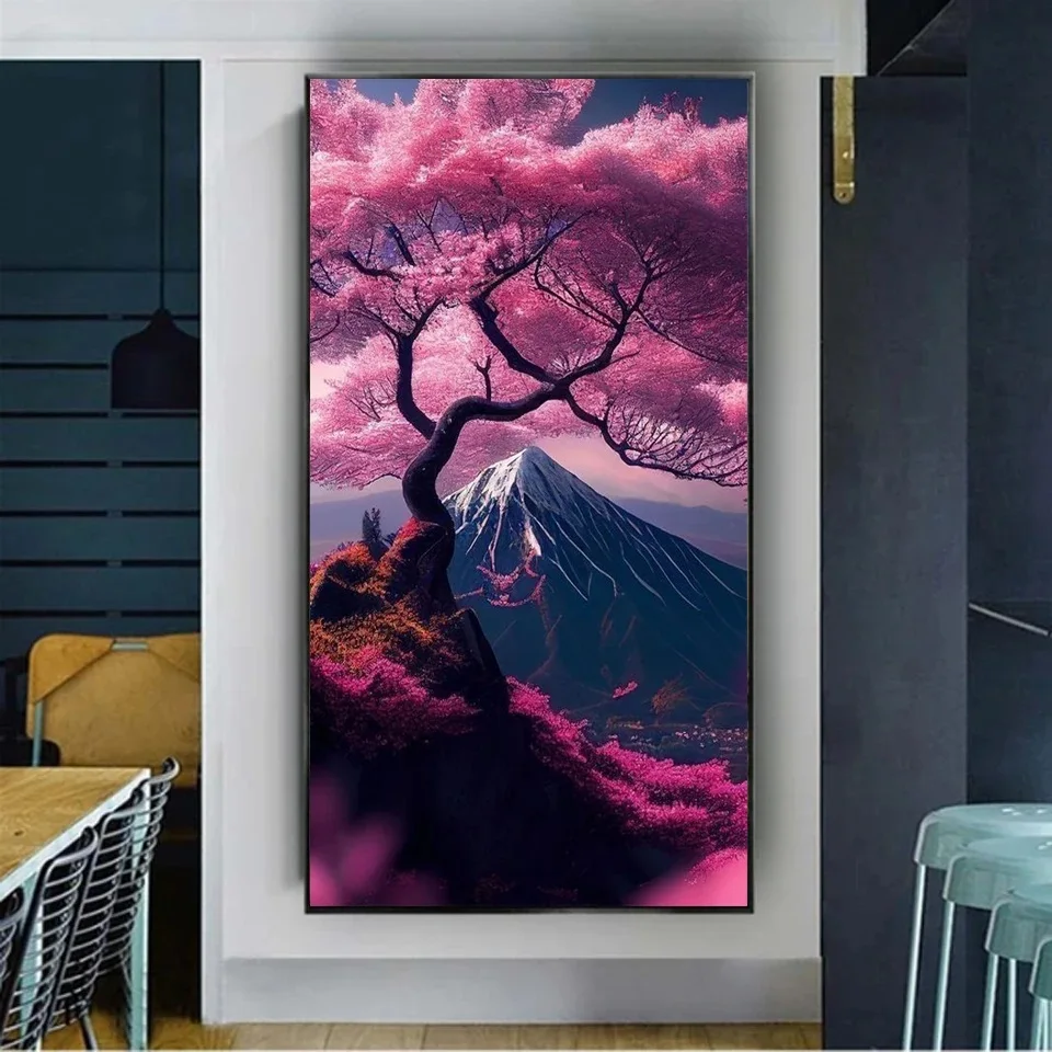 Diamond Painting New Collection Japanese Temple Pink Sakura Mount Fuji Mountain Full Round Square Mosaic Flower Bedroom Decor