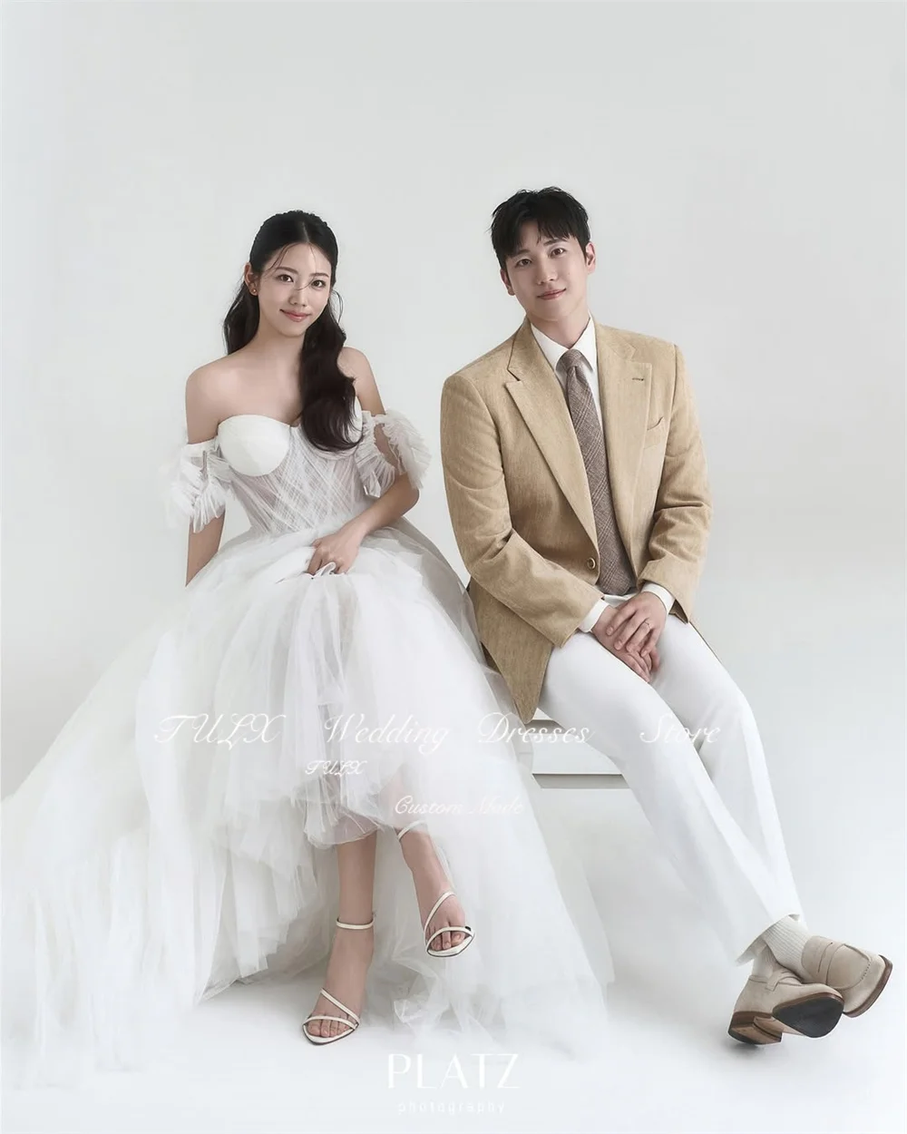 TULX Elegantes elfenbeinfarbenes Tüll-Hochzeitskleid, Korea-Fotoshooting, sexy Schatz, A-Linie, bodenlange Brautkleider, maßgeschneidert,  soi