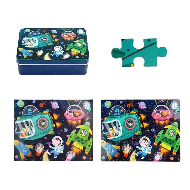 100pcs 3D Cartoon Puzzles in a Metal Box Mermaid/Princess/Dinosaur/Ship/Santa Claus Jigsaw for Girls and Boys Educational Toys