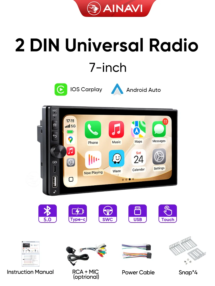AINAVI K60 Universele Autoradio 2 Din Carplay Draadloos Android Auto HD IPS Touchscreen BT Type-C Auto Multimedia Autoaudio 2DIN - afbeelding 2