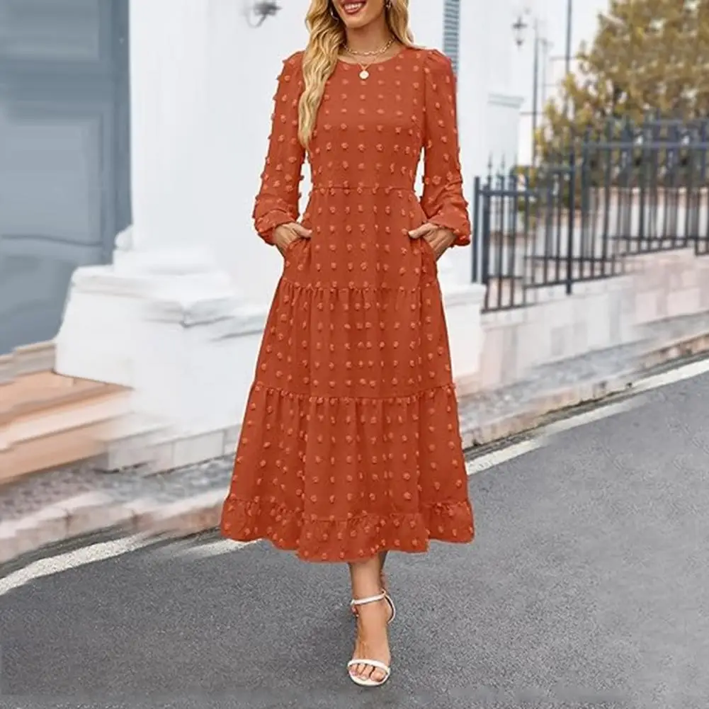 

Bohemian Midi Dress Elegant A-line Midi Dress with Lantern Sleeves Dot Applique Detail for Fall Winter Women's Fashion O Neck