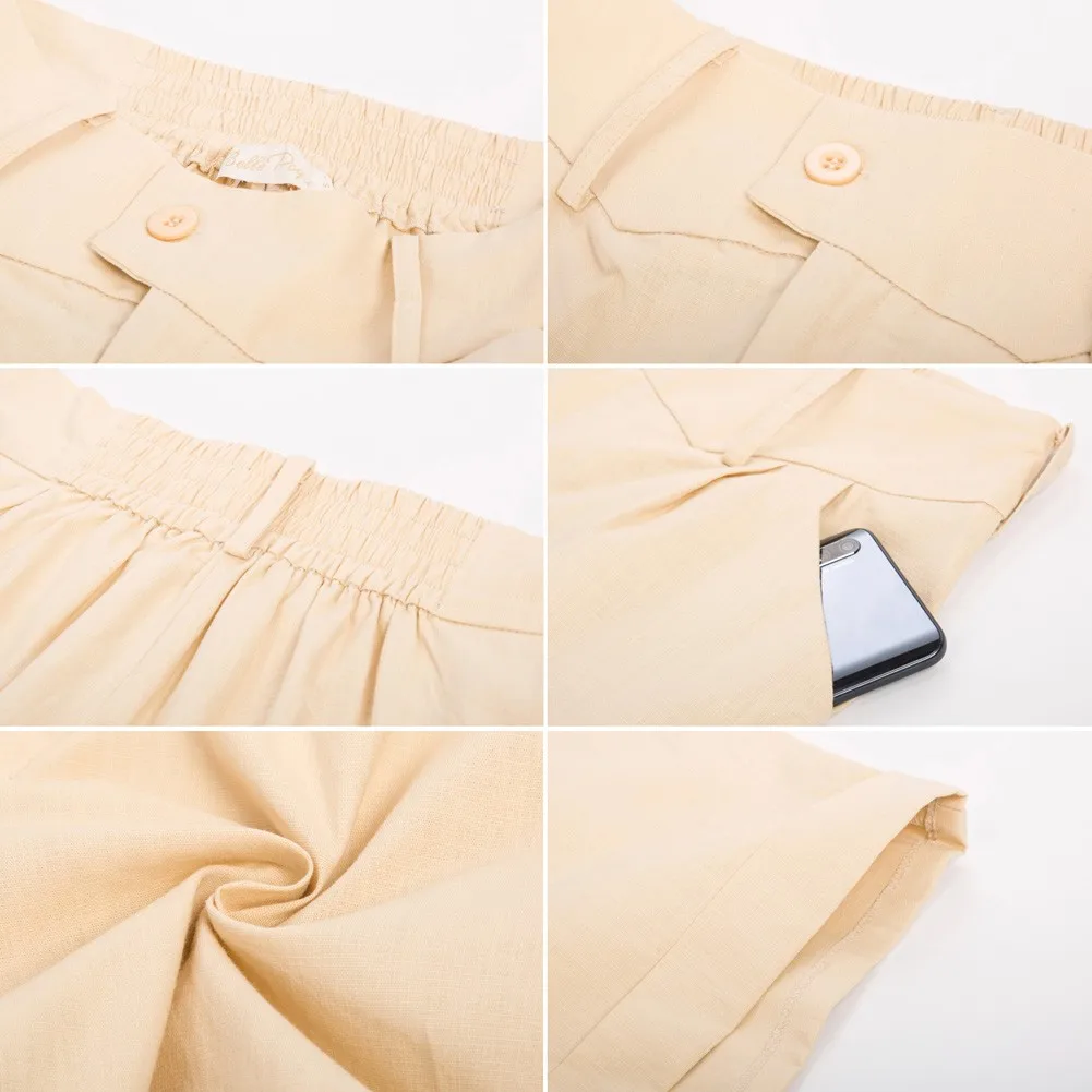 Belle Poque Women Summer Elastic High Waist Shorts With Pockets Fold Up Leg Opening Cotton Short Pants Vintage Wide Leg Shorts