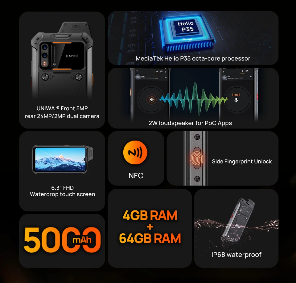 UNIWA W888 MT6765 Helio P35 Octa Core 4GB+64GB ATEX Explosion IP68 Smartphone Andriod11 6.3“ HD Screen 5000mAh NFC Mobile Phone