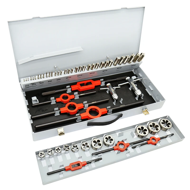 56pcs M3~M20 Tool Set HSS M2 Hand Tap and Die  Set  in Grey Metal Box Hand Tool DIY Kit