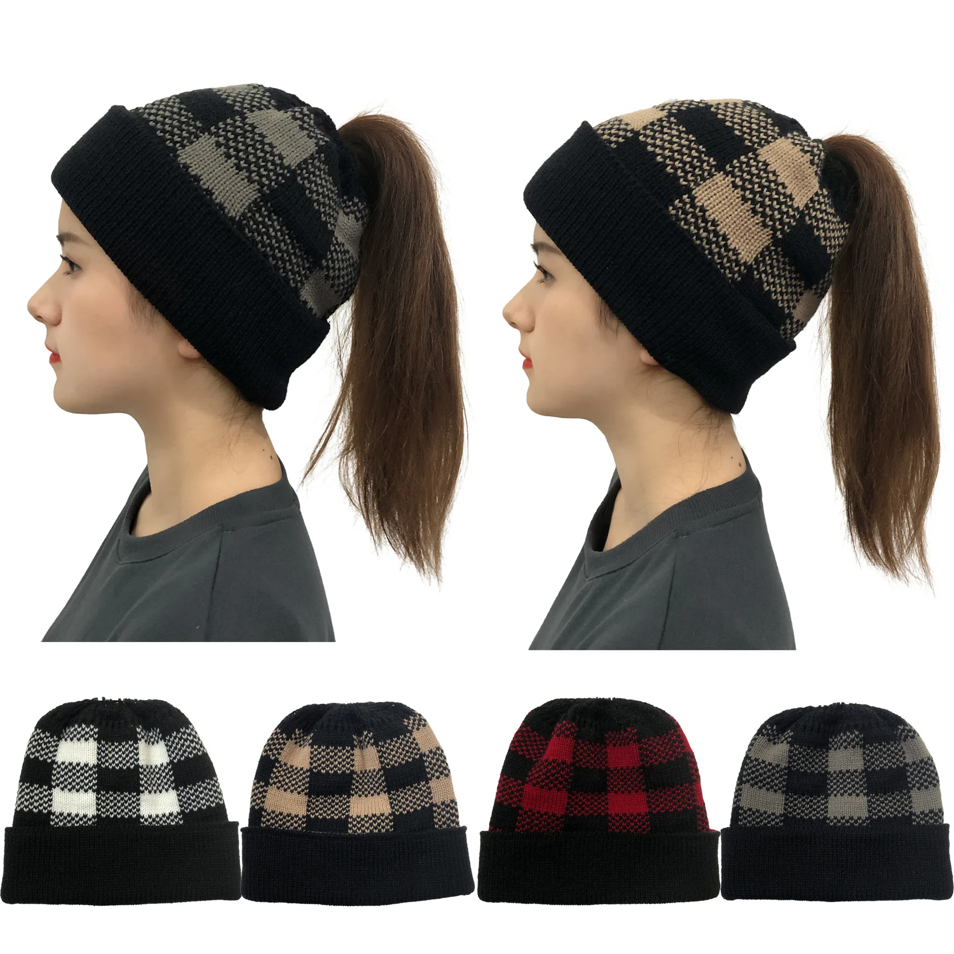 New Women Autumn Winter Ponytail Beanie Hat Grid Lady Stretch Knitted Crochet Beanies Hat Cap With Ponytail Hole