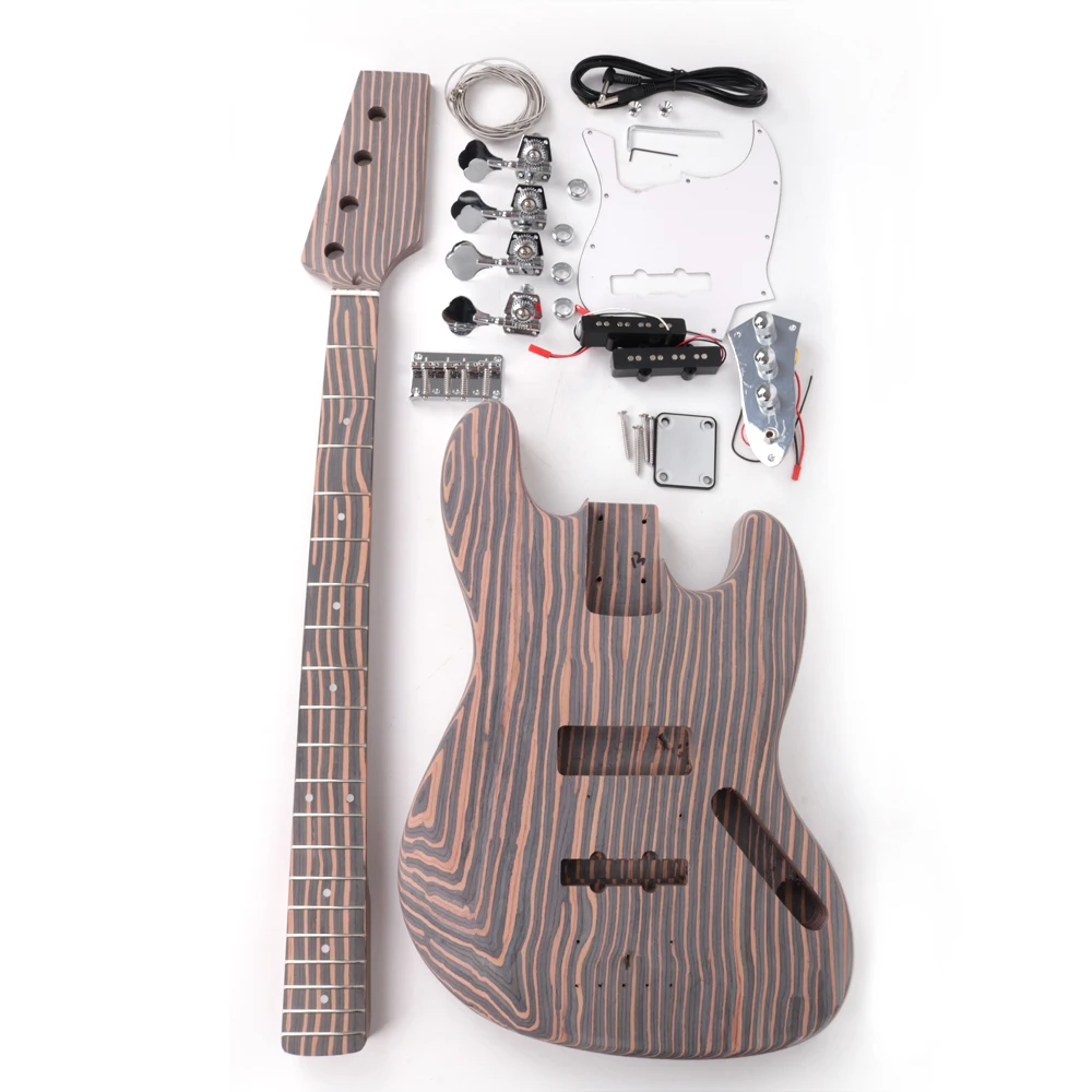 Diy electric 4 strings jazz guitar kits zebrawood body and neck ss pickups fixed bridge  dot inlay with chrome hardware