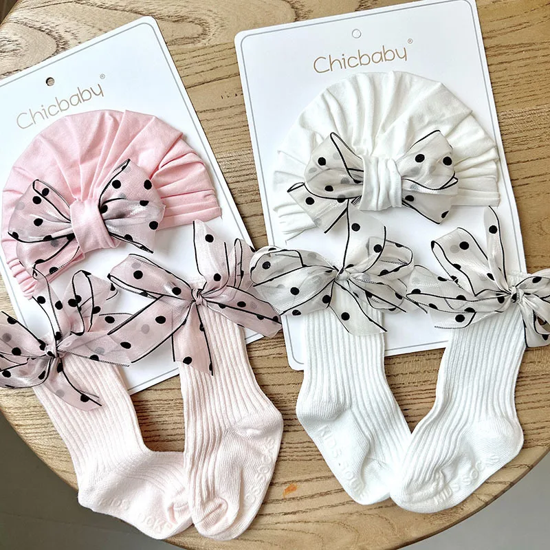 

Korean Version 0-12 Months Newborn Baby Sweet Cute Bow Hat Socks Set Warm Soft Cotton Non-slip Socks Baby Hat Kids Accessories