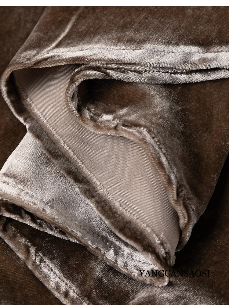 Women's Fashion Clothing Advanced Tea Brown 30% Natural Mulberry Silk Velvet V-neck Raglan Sleeves Loose Pearl Button Shirt