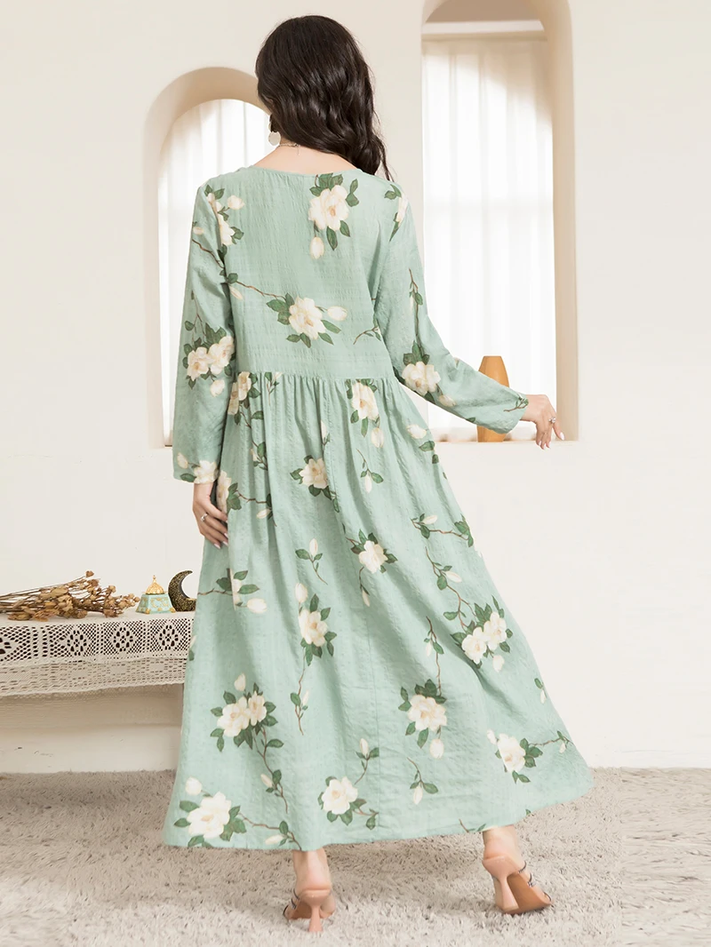 Casual Round Neck Floral Print Wrinkle Spliced Long Dress Mint Green, Women's Stylish Regular Sleeve Spring Fashion