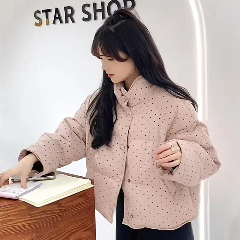 2025 Winter Stand Collar Warm Women's Parkas Chic Dot Detor Cotton Padded Jackets Woman Button Up Short Parka Jacket Female