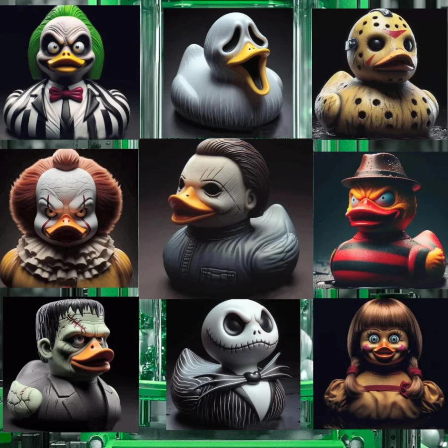 

Halloween evil duck cartoon doll; horror series doll; exciting paradise doll; hair-raising desktop decor, fun figurine gift