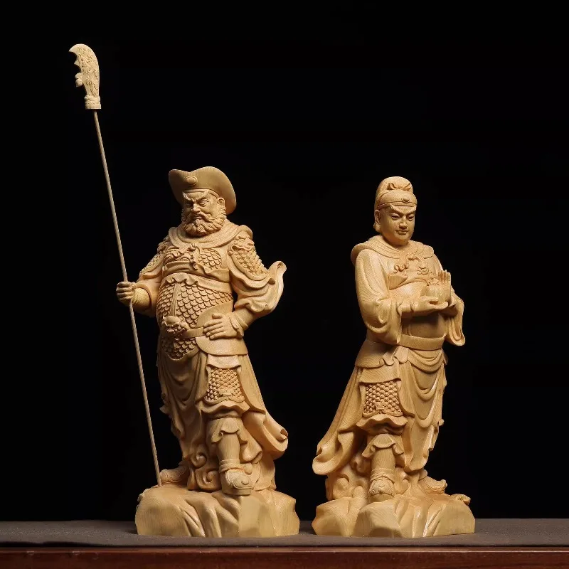 Cypress Wood Carved Statues of Zhou Cang and Guan Ping: Guardian Generals Flanking Decor