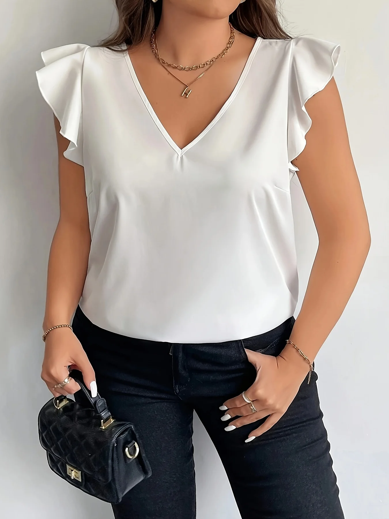 Plus Size Women's White Satin Blouse V-Neck Ruffle Sleeve Loose Casual Office Top (0XL-4XL) image 3