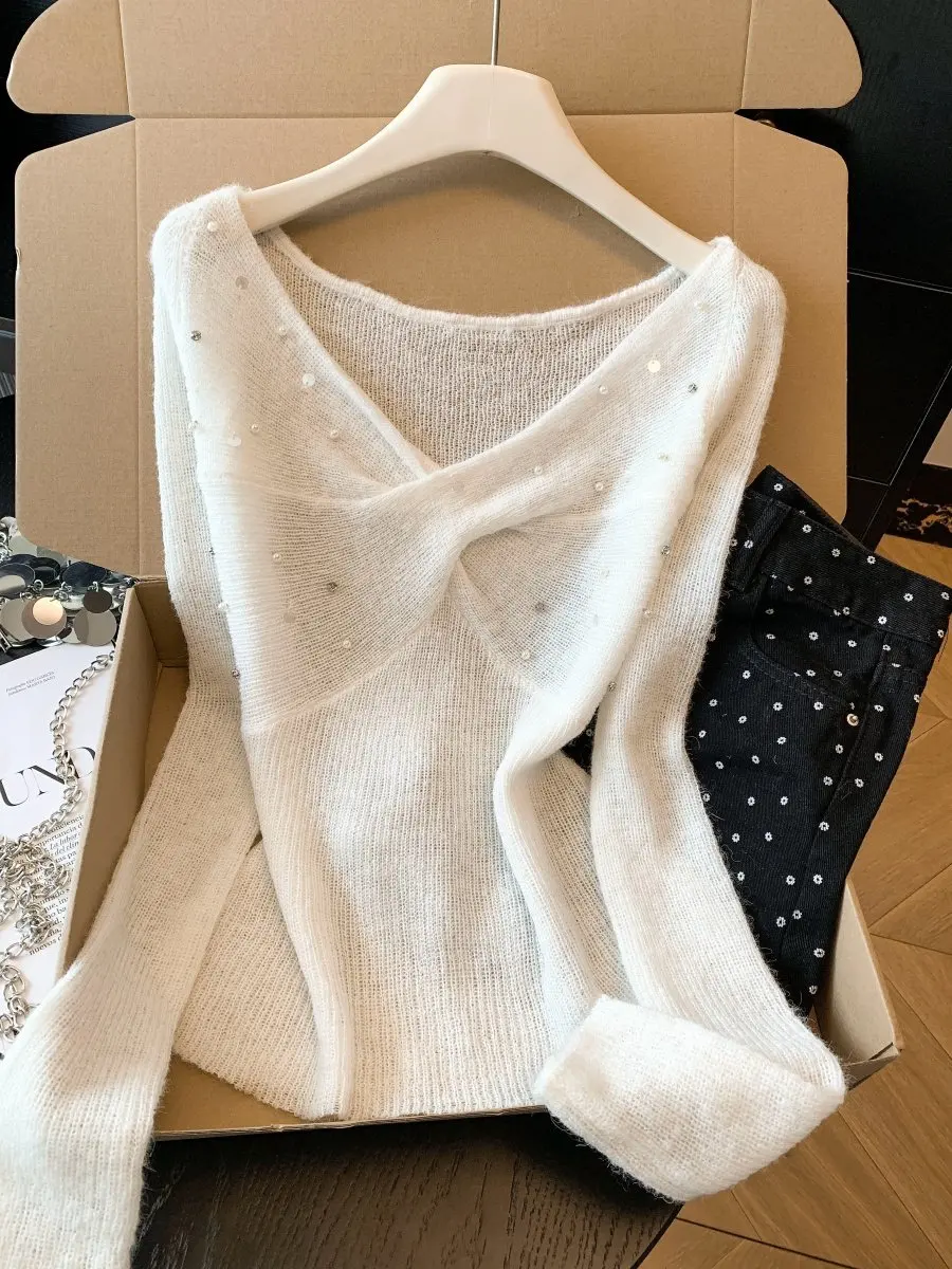 

Женский вязаный свитер Pure Desire с V-образным вырезом и длинными рукавами, новый, в нежном стиле, омолаживающий, приталенный, базовый слой для зимы