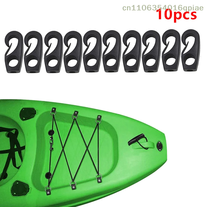 （Summer4）10 Pcs Black Plastic Reusable Bungee Hook Boats Shock Cord Hook For Kayak Canoe Bungee Rope Rowing Boat Tie Cord Hook