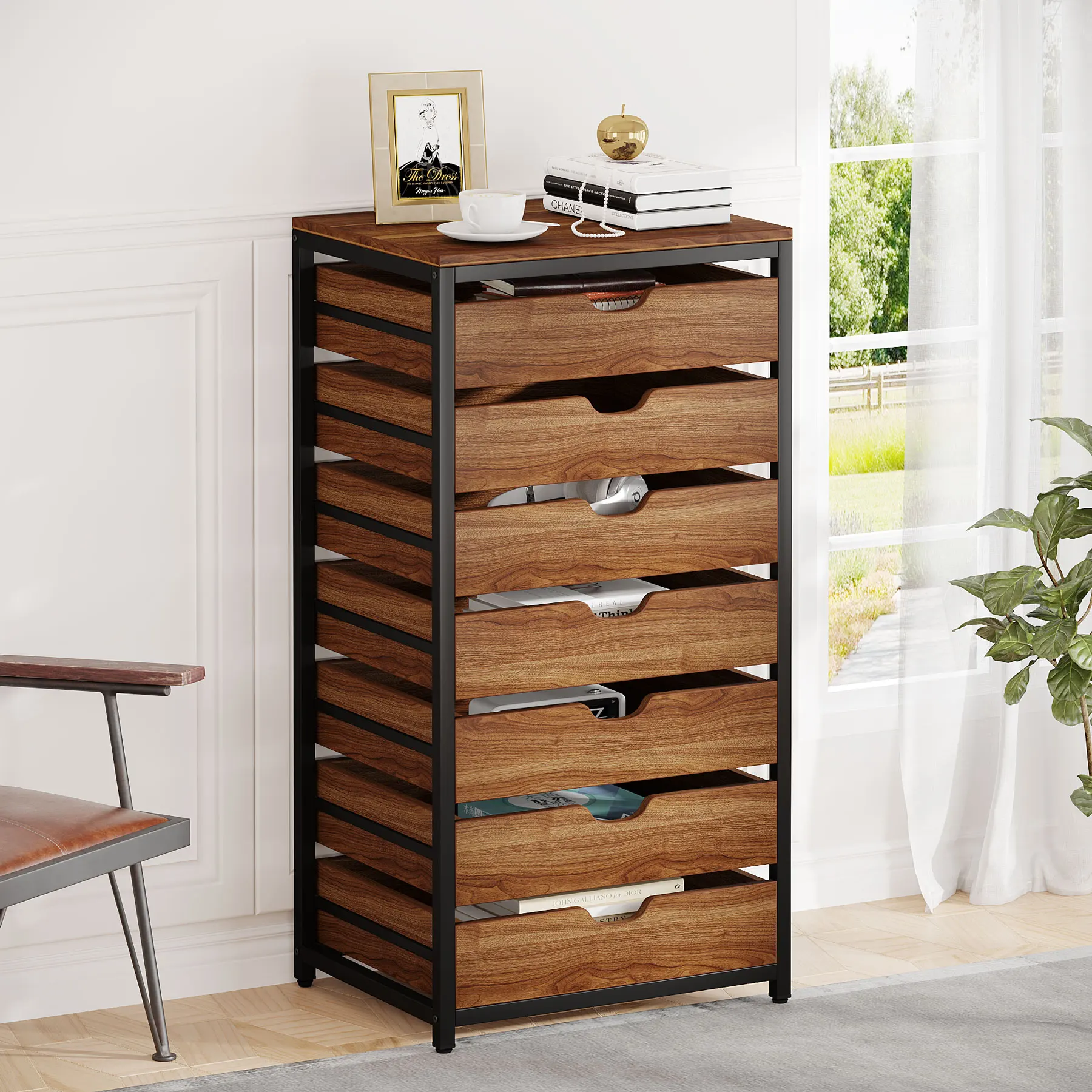 # 7-Drawer File Cabinet, Wood Mobile Storage Drawer Unit, Industrial Office Cabinet with Drawers & Wheels
