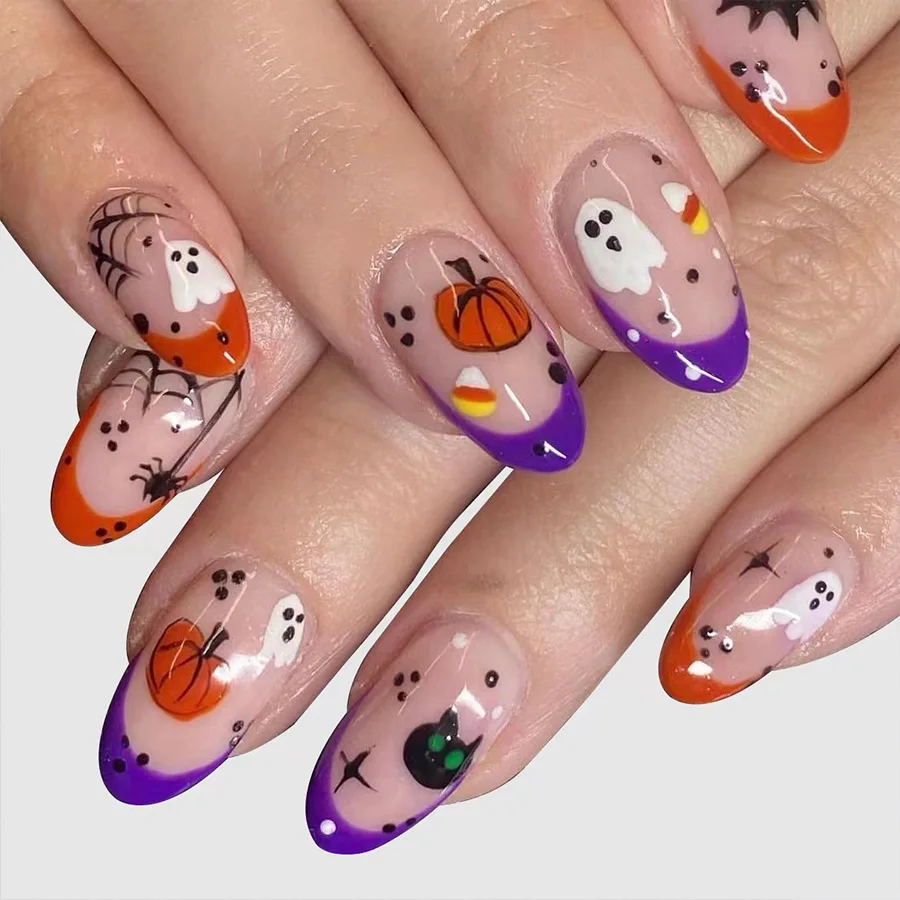 24Pcs Short Oval Halloween Press on Nails Almond Spider Web Ghost Pumpkin French Fake Nail for Women&Girl Removable Wear Nail