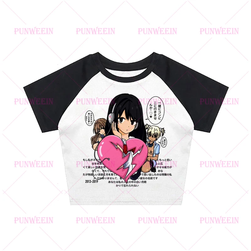 애니메이션 일본 귀여운 소녀 90년대 Y2K 스플라이스드 숄더 슬리브 슬림 탑 하라주쿠 크롭 탑 빈티지 만화 펑크 베이비 티셔츠 스트리트웨어