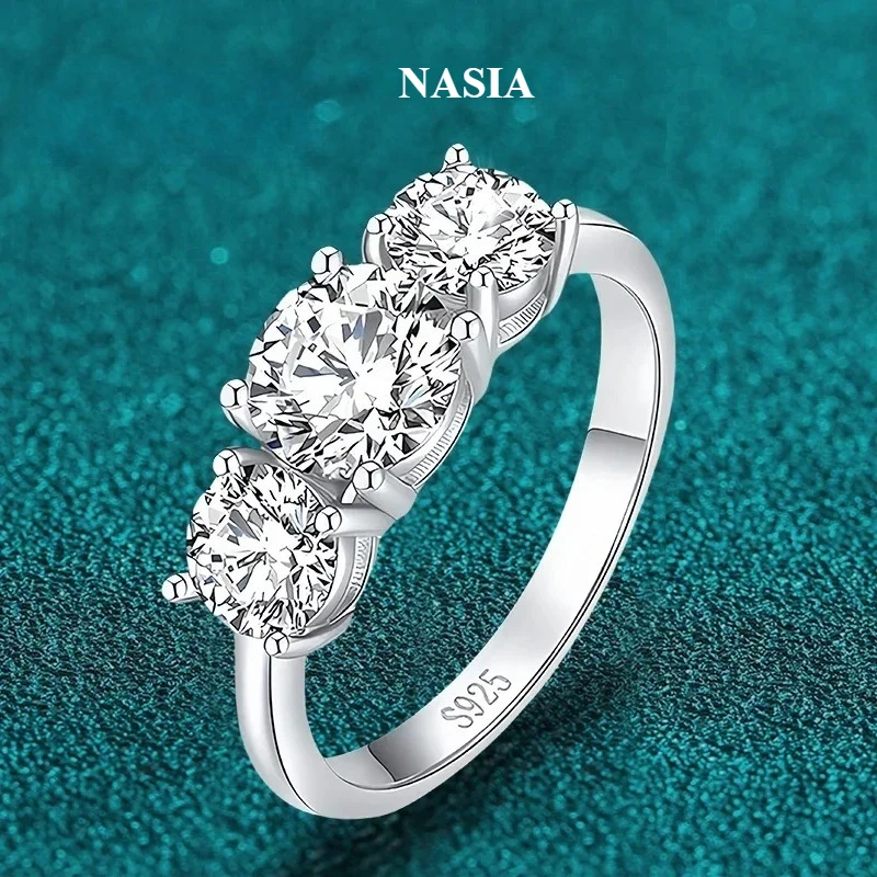 NASIA 4CT Moissanite Engagement Ring for Women 3-stone GRA S925 Sterling Silver Gold Plated Wedding Promise Diamond Rings 2026