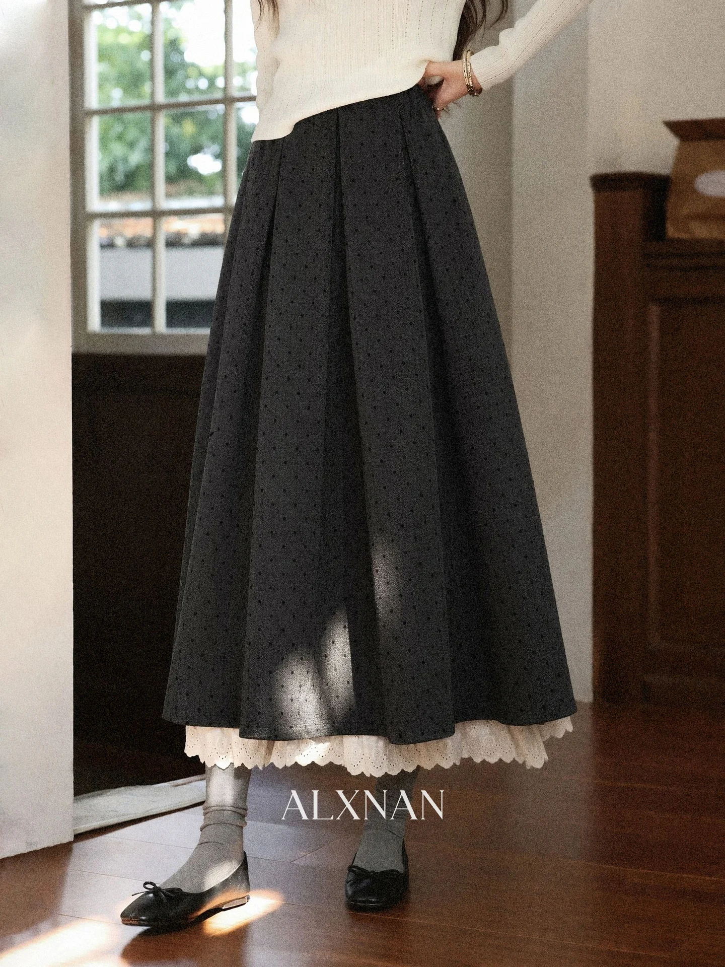 Gray Polka Dot Woolen A-Line Skirt Women's Autumn Winter Lace Long Skirt Commute Simple Style High Waist Daily Wear
