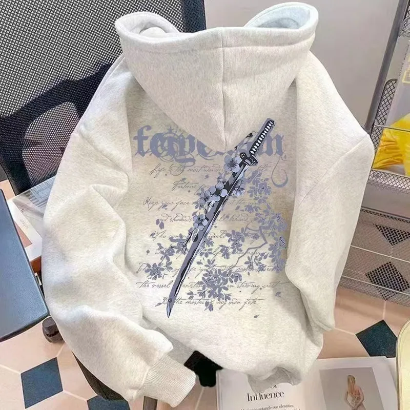Cherry Blossom Sword Print Men's Hooded Top Autumn and Winter Velvet Thickened Loose Couple High Street Sweatshirt