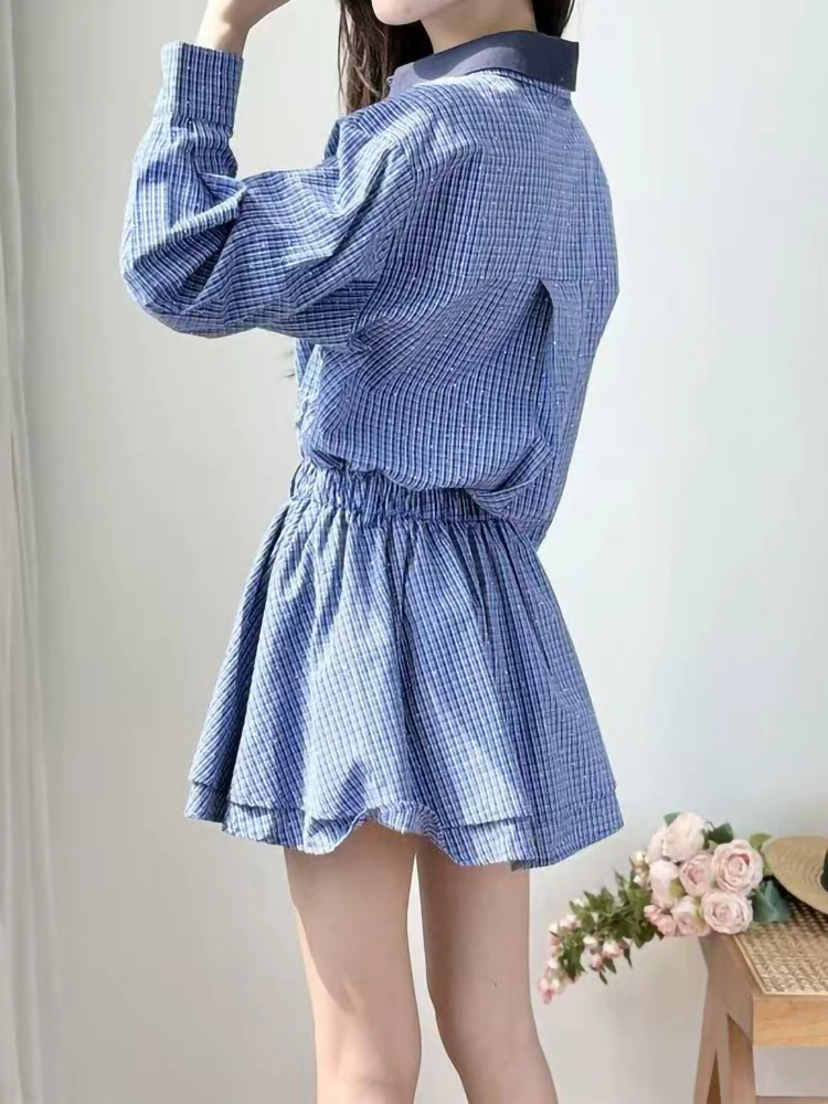 2025년 초가을 신상 핫 다이아몬드 플래드 셔츠 드레스 여성 우아한 폴로 칼라 긴팔 밴딩 허리 숏 로브