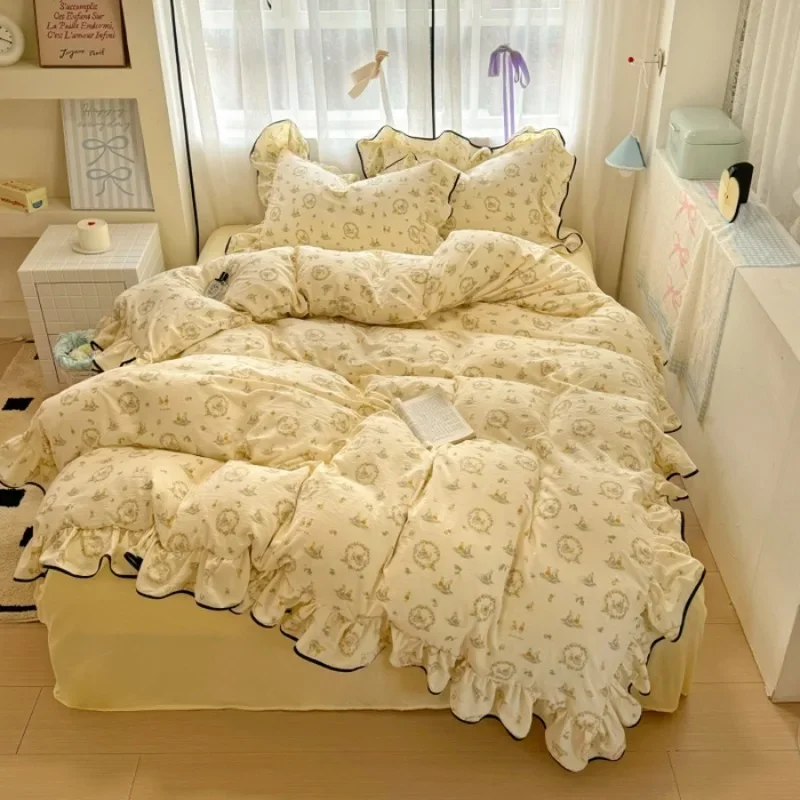 Cream lace girl powder grid Korean version bed four-piece set washed cotton double-layer yarn quilt cover dormitory