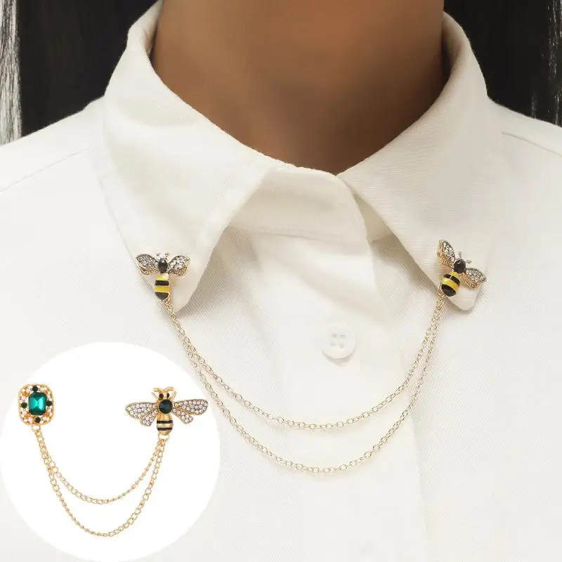 Fashion Bee Crystal Tassel Chain Women Brooch Vintage Lapel Pin Badge Men's Shirt Collar Pins Luxulry Jewelry Accessories Gift