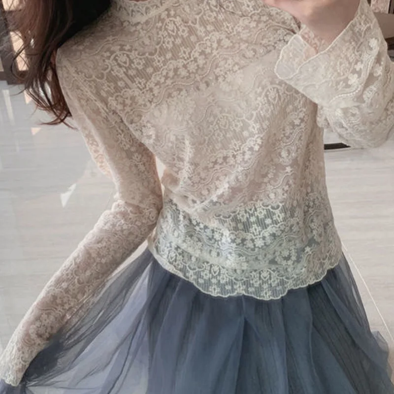 

Women T Shirt Tops Embroidered Tees Lace Long Sleeves Half High Collar Slight Strech Slim Fit Casual Elegant 2026 Spring Summer