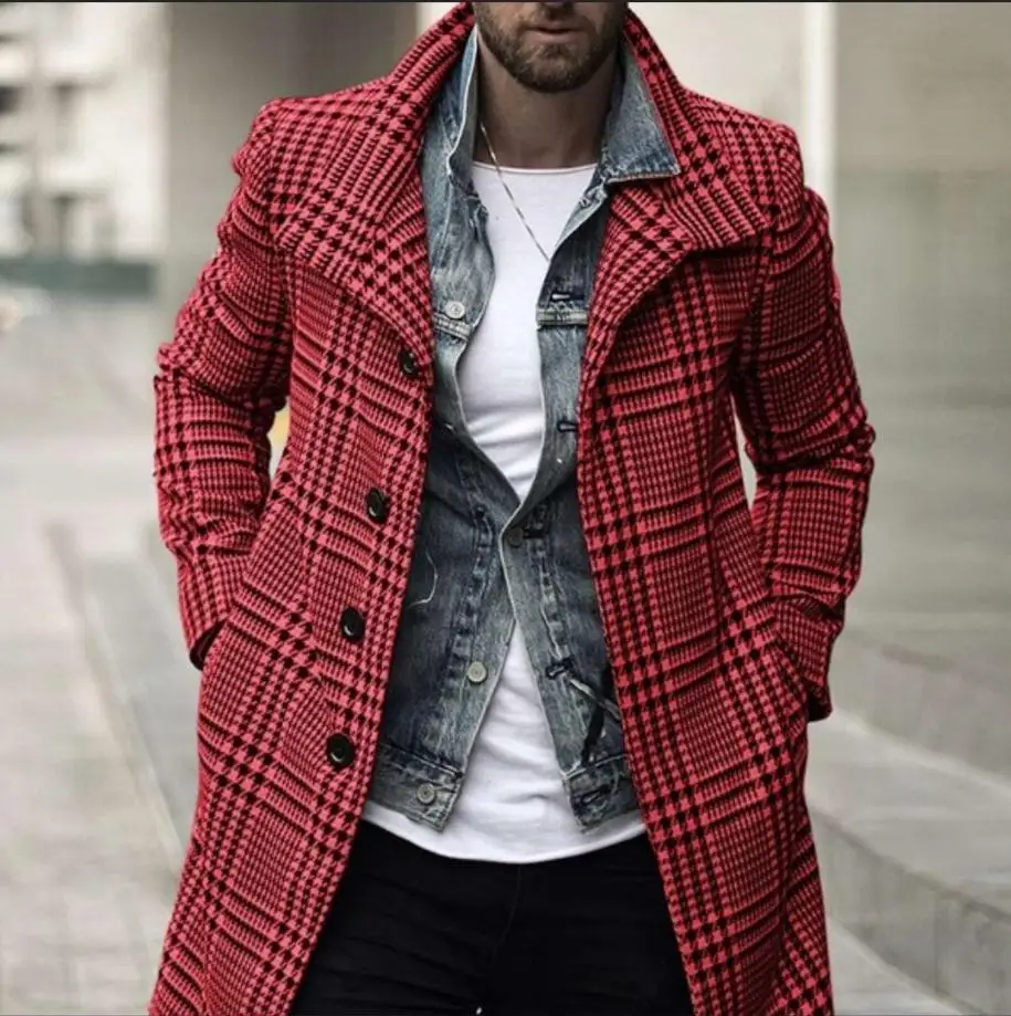 Mens Coat Winter Jacket Men Overcoat Warm Clothes Wool Outwear Long Black White Plaid Blends Cardigan Male Coat Plus Size S-3XL