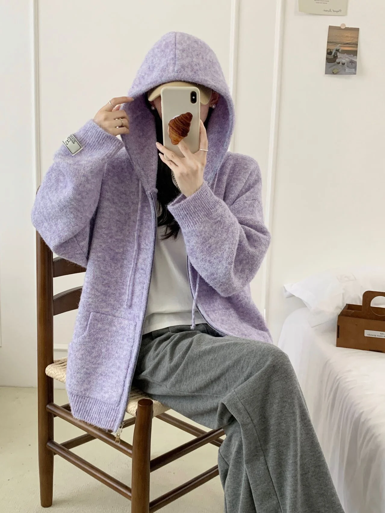 

Laid-ba Sle Women's Knitted Cardigan with Hood And Zipper ket Thiened Outerwear Casual Leisure Camel Hair Coat