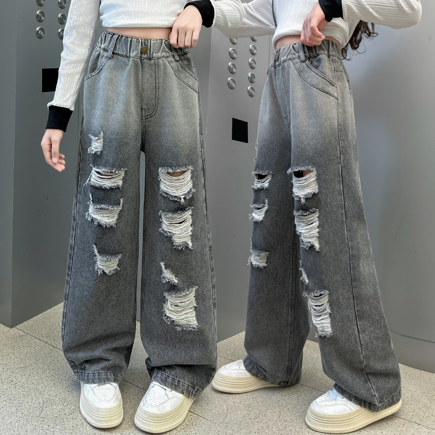 

High Fashion Child Streetwear Broken Jeans for Tween Girl Straight Leg Grey Ripped Denim Pants with Hole Kids Destroyed Trousers
