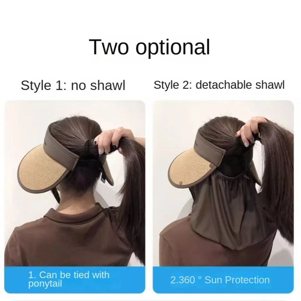 UV Protection Detachable Shawl Sunshade Hat Wide Brim Adjustable Straw Cap UPF 50+ Foldable Empty Top Sun Hat Cycling