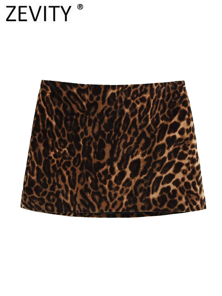 Zevity 2024 Women Fashion Leopard Print Velvet Mini Skirt Faldas Mujer Female Casual Slim Side Zipper A Line Vestidos QUN7167