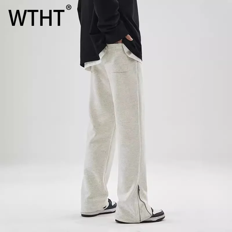 

WTHT модные мужские однотонные брюки на молнии, модные прямые брюки с эластичной резинкой и высокой талией, мужские брюки, осень 2023, 2A1815