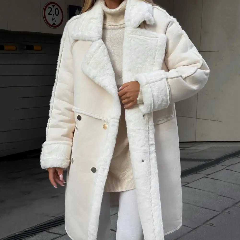 Fall Winter Wome Jacket Plush Coat Lapel Cardigan Thickened Mid Length Long Double-breasted Loose Windproof Lady Overcoat