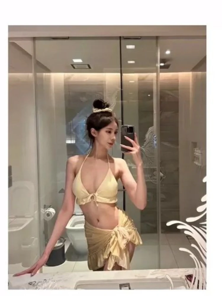 Estilo americano picante menina roxo ins estilo picante menina biquíni verão sexy bonito saia de malha picante menina maiô de três peças conjunto