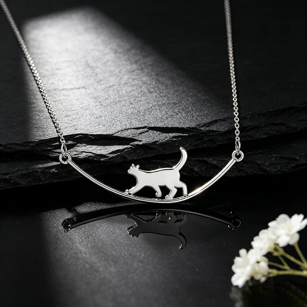 Minimalist Walking Cat Curved Bar Pendant Necklace, Stainless Steel Silver Color Cat Silhouette Necklace Gift for Women