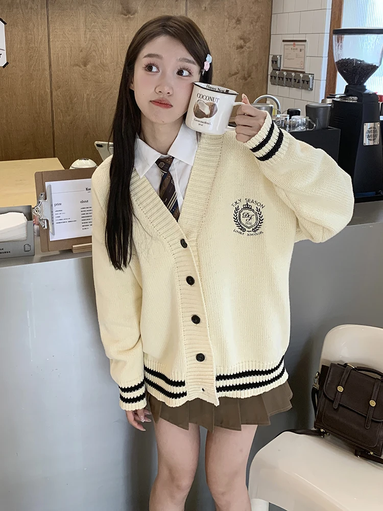 

Tokyo Annual Record Lazy Sle Свободный длинный вязаный свитер College Sle Осенняя милая верхняя одежда Открытый кардиган Женский Fa...