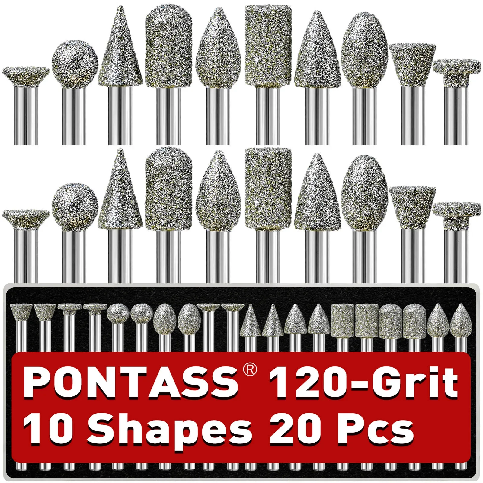 طقم لقم طحن الماس 20 قطعة 120 حصى، ساق 1/8 بوصة لنحت الحجر وطحن الزجاج للسيراميك والنقش والرملي