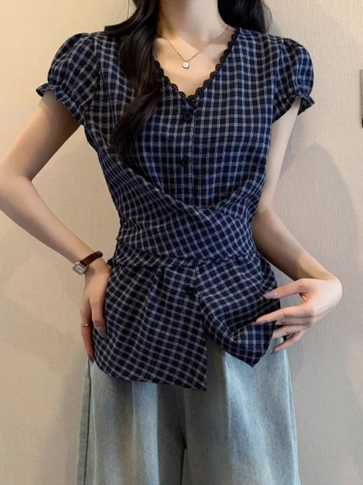 Zoki Plaid Vintage Blouse Women V Neck Slim Design Back Bandage Shirt Korean Retro Lace Patchwork Casual Summer Bow Sweet Tops